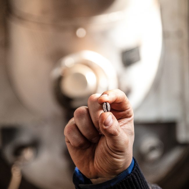 Detalle de una mano cogiendo un grano de café en la fábrica