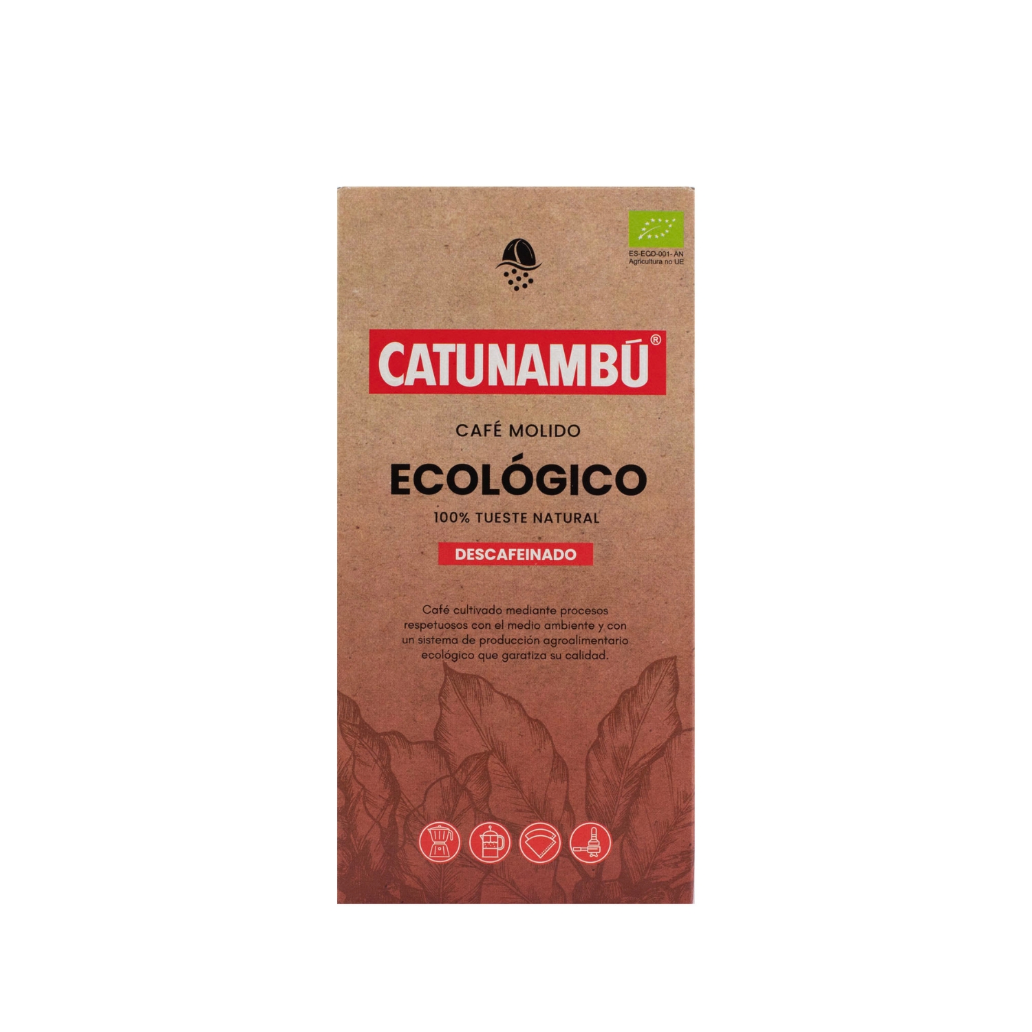 Paquete de café molido natural Ecológico Descafeinado Catunambú de 250gr.